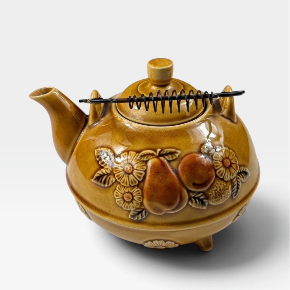 Vintage Teapot Japan Fruit Floral Embossed Ceramic Yellow Metal Handle Excellent